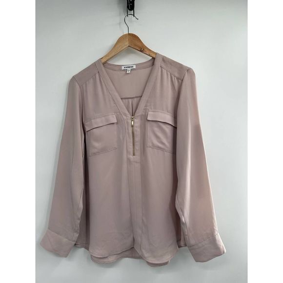 Express Beige V Neck Half Zip Roll Tab Sleeve Shirt Large - Picture 3 of 10